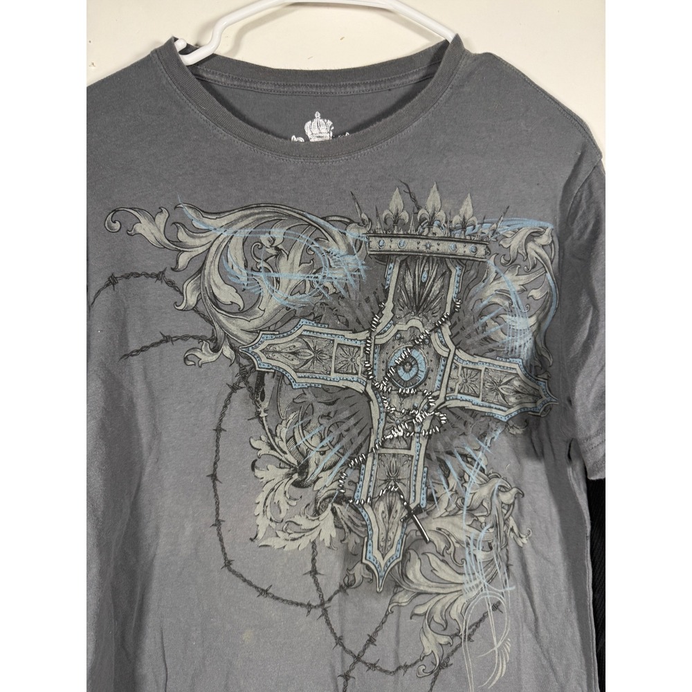 Helix Mens Grey Gothic Cross Graphic Layered Long Sleeve Tee Shirt Medium